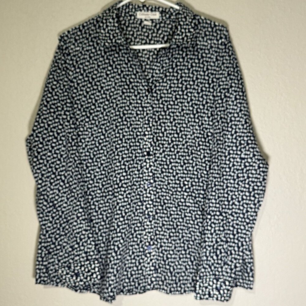 Coldwater Creek No Iron Top Womens Navy Trendy Pebble Dot Print 1X 18